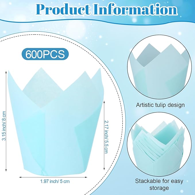 600 Pcs Tulip Cupcake Liners for Baking Muffin Liners Printed Baking Cups Holders Greaseproof Wrappers Decoration for Cupcake Bouquet Birthday Party Wedding Bride Shower (Light Blue)