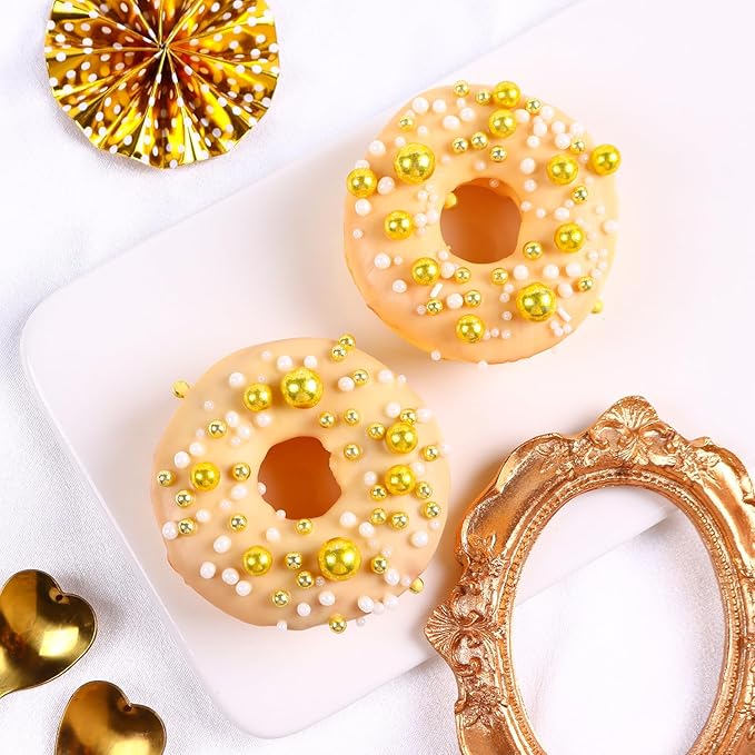 Gold Sprinkles for Cake Decorating White Pearls Sugar Metallic Sprinkles Cupcake Cookies Ice Cream Toppings 4.23 Ounces Cake Decorations Baking Perfect for Wedding New Year’S Eve Christmas Party