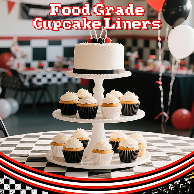 200PCS Black and White Cupcake Liners Mini Muffin Baking Cups Wrappers for Race Car Birthday Party Supplies Disposable Cupcake Papers for Black and White Soccer Party Decorations