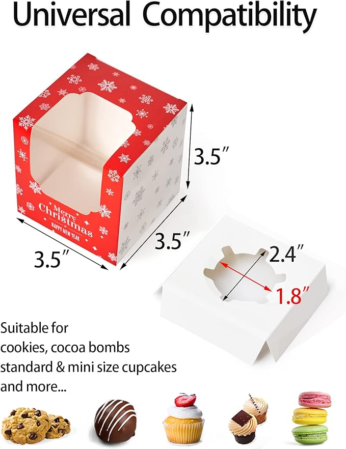 Happyhiram Christmas Cupcake Boxes 200 Pcs Bulk, Individual Cupcake Box Red and White with Nnsert and Window for New Year and Holiday for Ornament Gift Boxes Cocoa Bombs Packaging for Party Favors