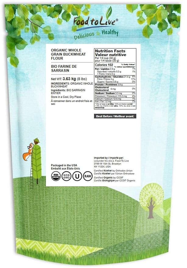Food to Live Organic Whole Grain Buckwheat Flour, 8 Pounds – Non-GMO, Kosher, Unbleached, Unbromated, Unenriched, Stone Ground, Powder, Meal, Sirtfood, Bulk