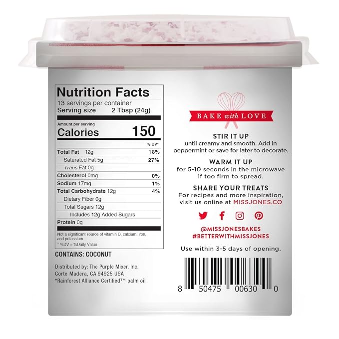 Miss Jones Baking 90% Organic Holiday Buttercream Frosting, Perfect for Icing and Decorating, Vegan-Friendly: Peppermint with Candy Crunch Pieces (Pack of 1)