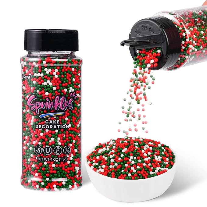 Christmas Nonpareils Sprinkles, Sujoygar 4oz Christmas Sprinkles for Cake Decorating,Edible Balls for Cupcake Toppers Baking Cookie Ice Cream Dount Chocolate