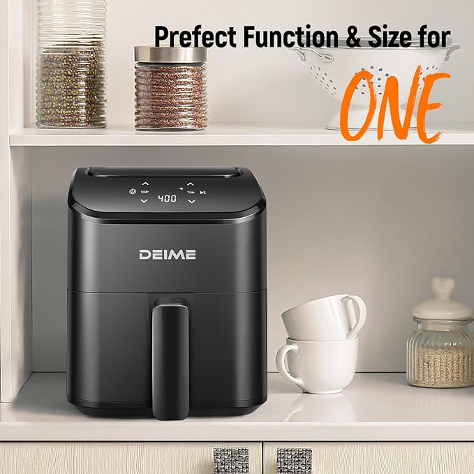 DEIME Air Fryer 3 Qt, Small Airfryer Digital Space Saving Compact, Bake, Reheat, Roasts for Quick Easy Meals, Mini Compact & Quiet, Nonstick & Dishwasher Safe Basket (Black+TR)