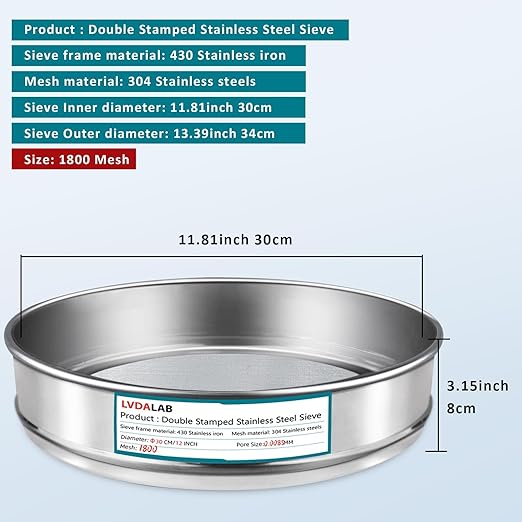 304 Stainless Steel Lab Sieve Screen Mesh, 1800 Mesh(0.0085mm) Aperture Test Sieve, 12Inch(30cm) Diameter Economy Standard Analysis Sample Test Sieves for Industrial Laboratory Homes