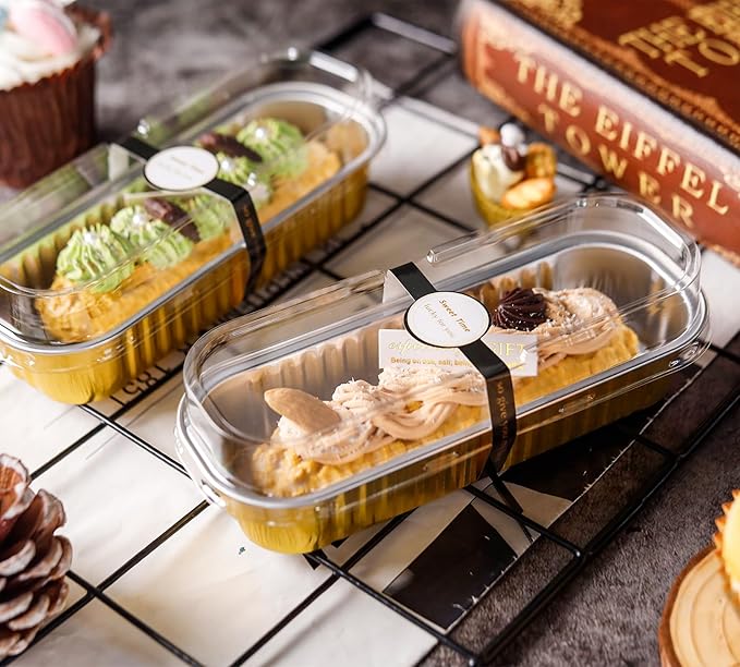 50 Pack Mini Cake Pans with Lids and Spoons Gold Rectangular Aluminum Foil Baking Pans Mini Cheesecake Containers(6.8oz)