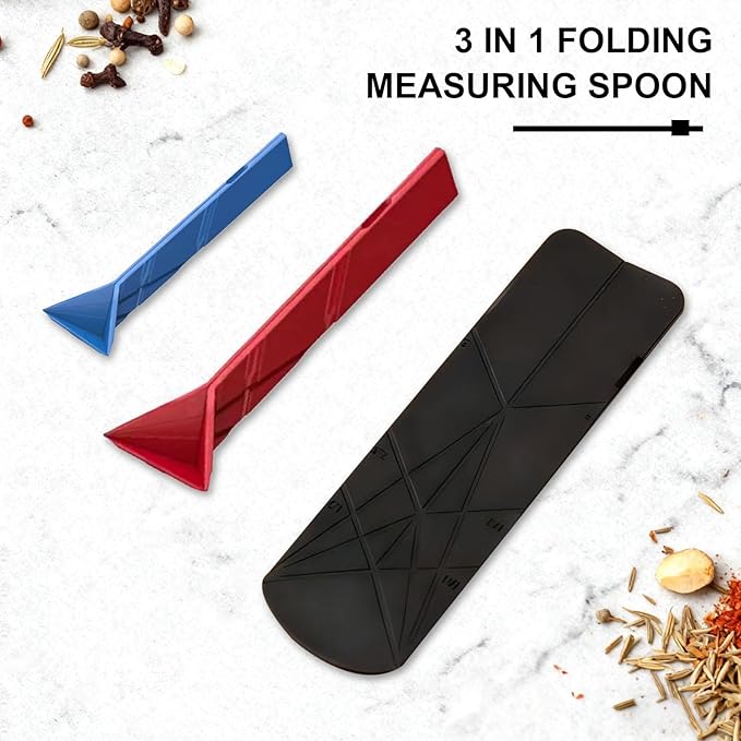 FLAT 3-IN-1 FOLDING MEASURING SPOONS | Magnetic Polygons Measuring Spoon,2 Spoons with 6 Different Sizes｜Space Saving, Nesting Design for Kitchen Storage｜Food Grade Silicone (Blue)