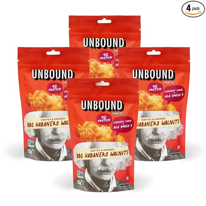 Unbound Snacks Flavored Nuts - BBQ Habanero Walnuts, 4 oz (Pack of 4) - Healthy Snacks, 4g Protein, 1g Sugar, High in Omega 3, Gluten Free, Vegan - Freshly Roasted & Seasoned Gourmet Walnut Halves