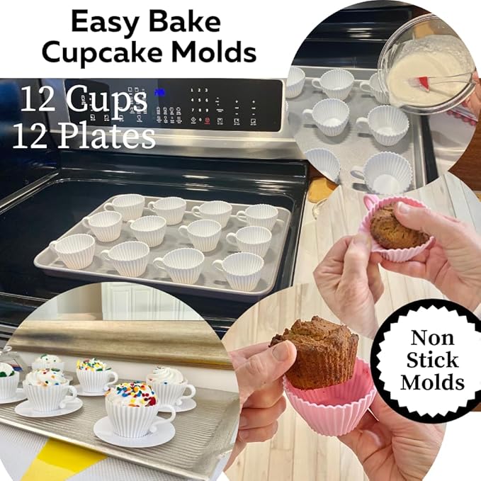 Evelots Baking Cupcake Molds - Silicone Teacup Set - 48 Pc Set - Oven-Safe - Nonstick - Muffin Cups for Bridal/Baby Shower, Birthday/Tea Party - 24 Cups & 24 Saucers - BPA Free