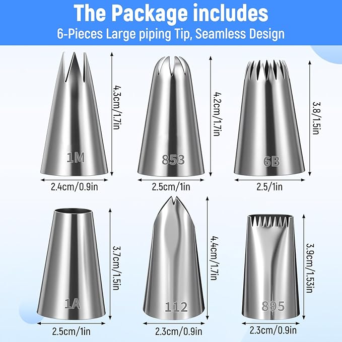 6PCS Large Piping Tips Set, Silver Stainless Steel Cake Decorating Tips, Frosting Icing Nozzles for Cupcakes, Cookies & Wedding Cake (112, 6B, 1A, 853, 895, 1M)