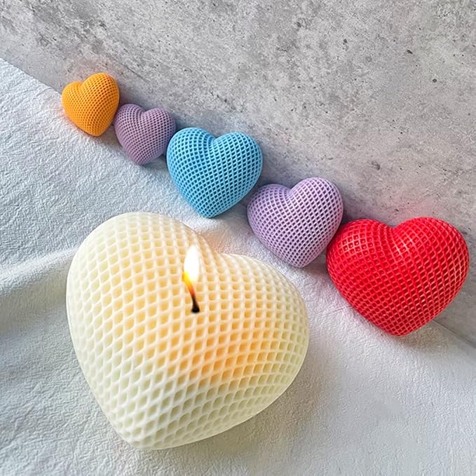 FineInno 2pcs 3D Heart Candle Resin Mold, Grids Love Heart Silicone Molds for Candle Soap Making, Woven Love Epoxy Mould for DIY Bath Bomb Fondant Chocolate Cake Decor