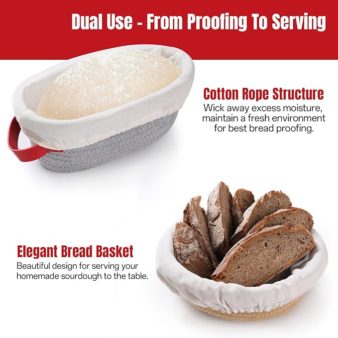 Cotton Rope Bread Proofing Basket Set, Sourdough Starter Kit with Round & Oval Banneton Baskets with Liners & Covers, Dough Whisk, Bread Lame, Dough Scraper, Sling, Sourdough Bread Baking Supplies