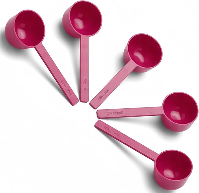 5g Plastic Measuring Spoons (10ml) – Pack of 5 Small Scoops for Protein Poweder, Creatine, Coffee, Lab, Baking, Laundry, Canisters, Dry Goods – 1 Teaspoon Measuring Spoons (tsp), Pink