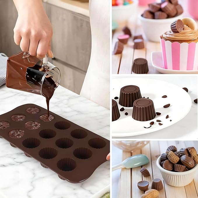 2 PCS Chocolate Molds with Lid,15 Cavity Round Non Stick Baking Silicone Mold for Peanut Butter Cup Jelly Food Grade Candy Truffles Ice Cake Mold,for Decor Party Christmas Birthday Gift