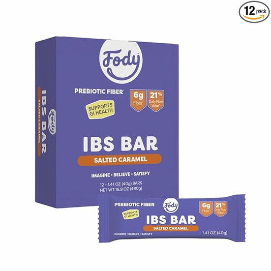 Fody Foods IBS Snack Bars, Salted Caramel, 1.41 Oz (Pack of 12), 6g Prebiotic Fiber, Low FODMAP, Gut & IBS Friendly, Lactose Free, Non-GMO, Gluten Free