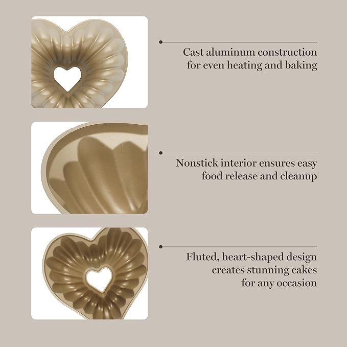 Martha Stewart Dunelle 10.75" Heart‑Shaped Cake Mold — Cast Aluminum Nonstick Bundt Pan — Easy Release, Oven‑Safe to 450°F