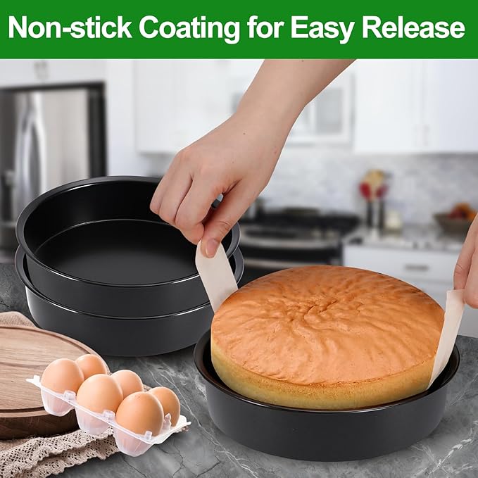 8 Inch Cake Pan, Premium Round Cake Pans Set of 3, Durable Circle Cake Pan with 100 Pieces Parchment Paper, Non-Toxic & Healthy Deep Cake Baking Pans Tins for Birthday Christmas, Dishwasher Safe