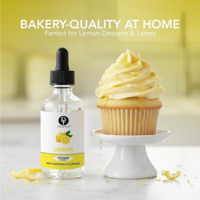 Natural Lemon Extract – Crisp Lemon Flavoring for Drinks, Baking, Desserts, Cocktails & Mocktails | 2 oz Glass Bottle with Graduated Dropper | Fresh Citrus Taste | Dolce Flav