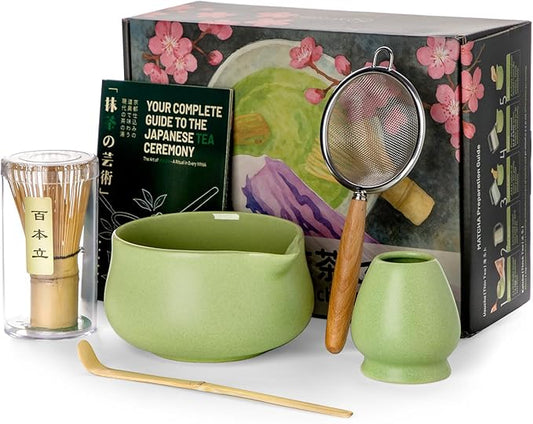 Nucookery Matcha Whisk Set - 5 Pcs Matcha Set with 18oz Ceramic Matcha Bowl (Chawan) with Spout, Bamboo Whisk & Holder, Scoop and Sifter | Complete Matcha Kit for Japanese Tea Ceremony