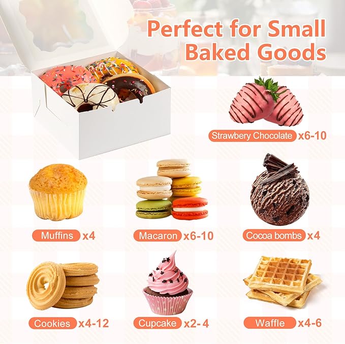 12 Pcs Cookie Boxes with Window, 6x6x3 Inches White Bakery Boxes, Treat Boxes with 50 Pcs Cookie Bags and 12 Pcs Stickers, for Dessert Pastry Chocolate Strawberries Macarons Donut Cupcake