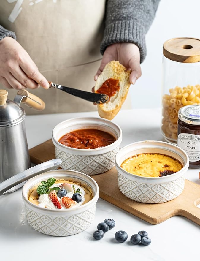 Ceramic Souffle Small Baking Dishes for Oven, 16oz Charcuterie Bowls Creme Brulee Ramekins Set with Lids, Pudding Custard Cups Snack Dipping Bowls Set of 4, Beige