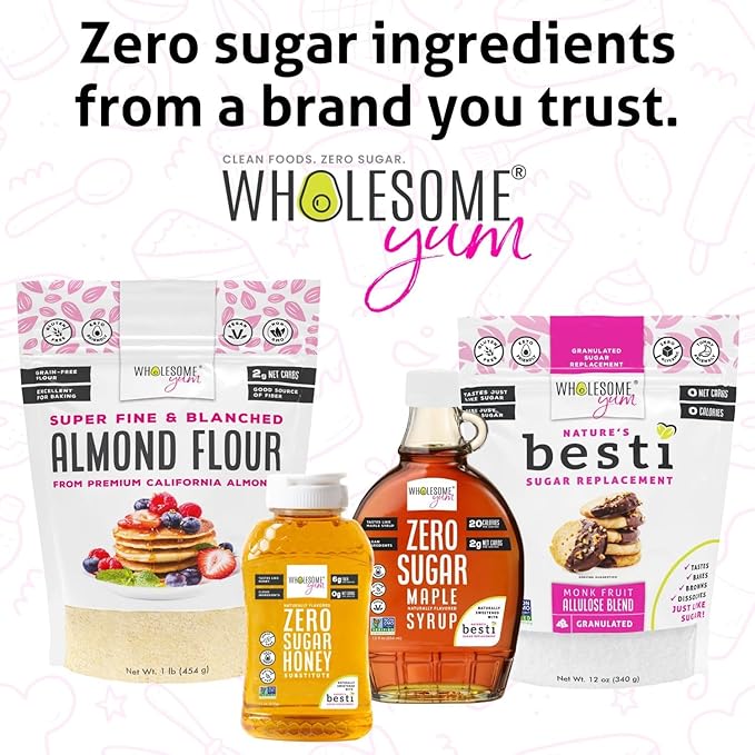 Wholesome Yum Zero Sugar Maple Syrup (Keto Maple Syrup) With Monk Fruit & Allulose - Natural Sugar Free Pancake Syrup - No Artificial Colors Or Flavors, Non GMO, Low Carb, Gluten-Free, Vegan (Plastic bottle - 12 fl oz)