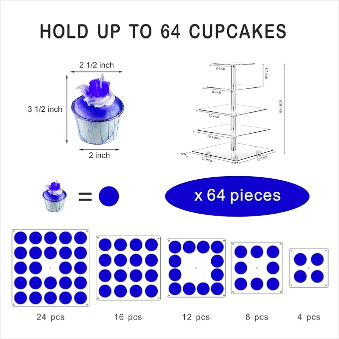 Cupcake Stand, 5-Tier Square Cupcake Holder with LED Light String, Acrylic Cupcake Tower Display-Dessert Tower-Pastry Stand-Cupcake Tier Stand for Wedding, Birthday Party (Blue Light)