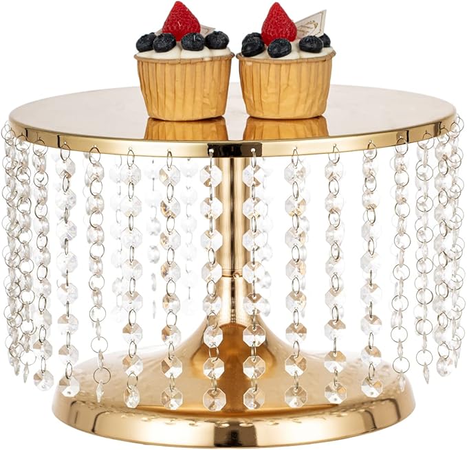 LANLONG Cake Stand for Dessert Table 12 Inch Gold Crystal Pendants Metal Cake Stand Serves as A Round Dessert Cupcake Display Plate for Table, Wedding, Party, Event