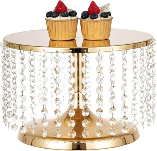 LANLONG Cake Stand for Dessert Table 12 Inch Gold Crystal Pendants Metal Cake Stand Serves as A Round Dessert Cupcake Display Plate for Table, Wedding, Party, Event