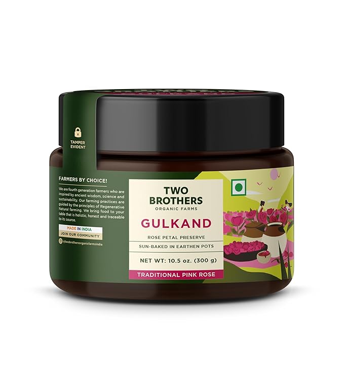 Rose Petal Jam Gulkand 10.6 Oz | Made from Premium Chaitri Rose Naturally Sweetened with Unrefined Rock Sugar & Raw Honey |Best for Pan,Ice Cream & Smoothies | Two Brothers Organic Farms