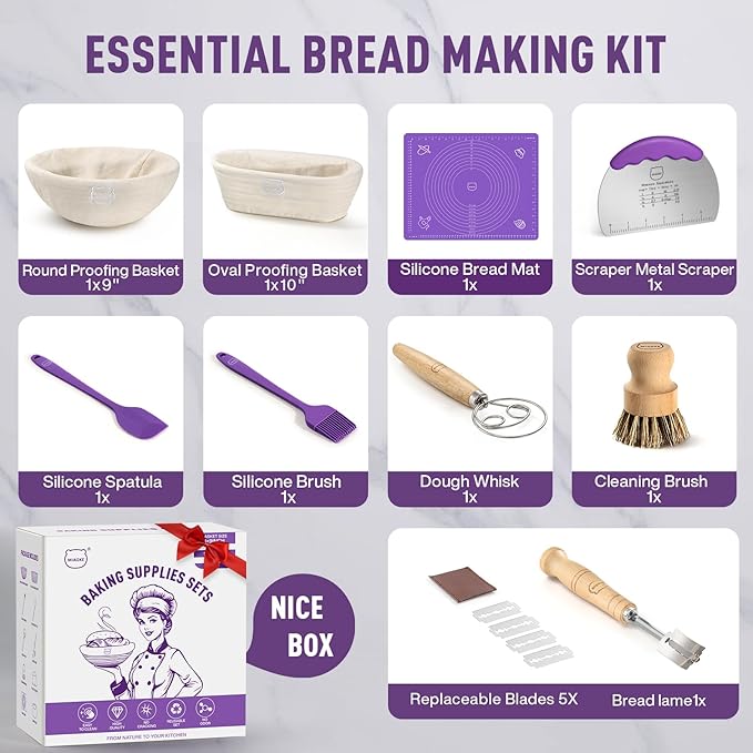 MIAOKE Sourdough Bread Baking Supplies Kit - Dough Whisk, Breads Lame, Proofing Baskets 10 Inch Round and 9 Oval, Dough Scrapers, Cooking Brush, Basket Liners Complete Sourdough Starter Bread Gift Set