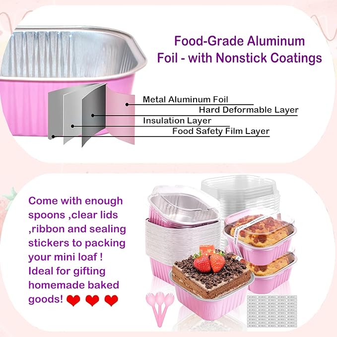 10oz Mini Cake Pans With Lids 50 Pack Aluminum Foil Square Brownie Baking Cups,4”x4” Disposable Loaf Pans With Lids and Spoons Stickers,Large Cupcake Pans Muffin Cake Tins Cake Container(Pink)