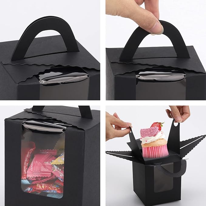 acDesign 100Pcs Cupcake Boxes With Window 3.6in*3.6in*4.3in Single Individual Cupcake Boxes With Handle and Inserts for Wedding Birthday Party Treats Gift,Black