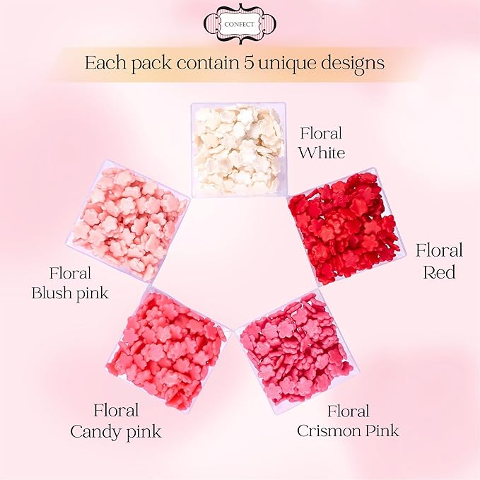 Confect Pink, Red & White Flowers sprinkles | Anniversary Sprinkle | Sprinkles for Baking & Cake Decorative | Cookie sprinkles | Edible sprinkle-Mix Pack of 5 -Vegan, Gluten-Free, Nut-Free, Soy-Free, Dairy-Free, Palm Oil-Free -5 Oz