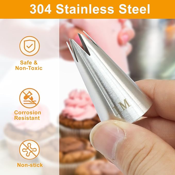 3 Pcs 1M Piping Tips, Stainless Steel Decorating Seamless Nozzles Icing Tips with Coupler Adapter & 12In Silicone Pastry Bag, Baking Tools for Birthday Cakes/Cupcakes/Cookie