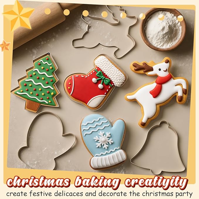 6 Pcs Large Christmas Cookie Cutters 8" Stainless Steel Metal Xmas Baking Cookie Molds for Holiday, Elk, Christmas Tree, Stocking, Santa Face, Mitten, Bell