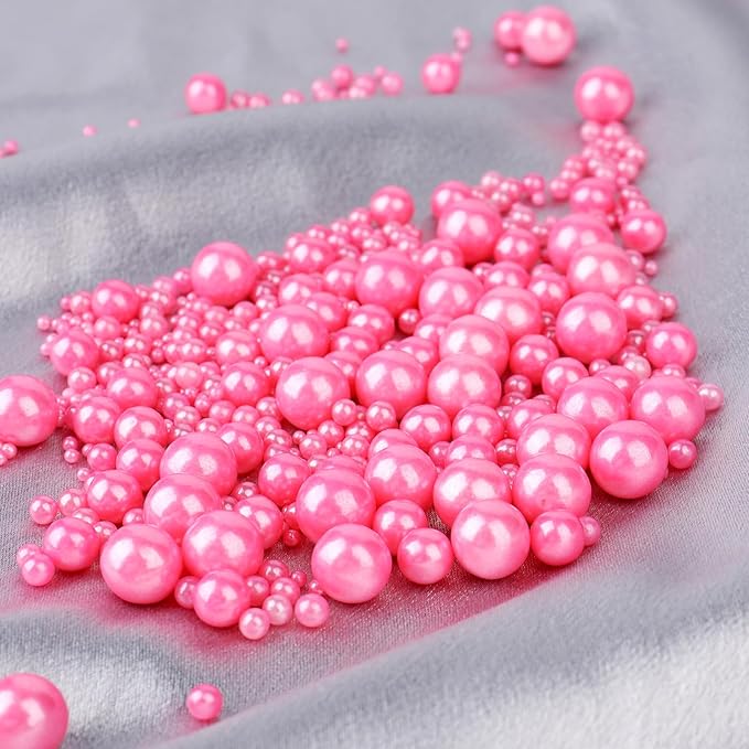 Pink Sprinkle for Cake Decorating, 4 Sizes Pearl Edible Sugar 130g/4.6oz, Cupcake, Ice Cream, Donuts, Macaron Toppings Supplies (2mm, 4mm, 7mm, 1cm) (Pink)