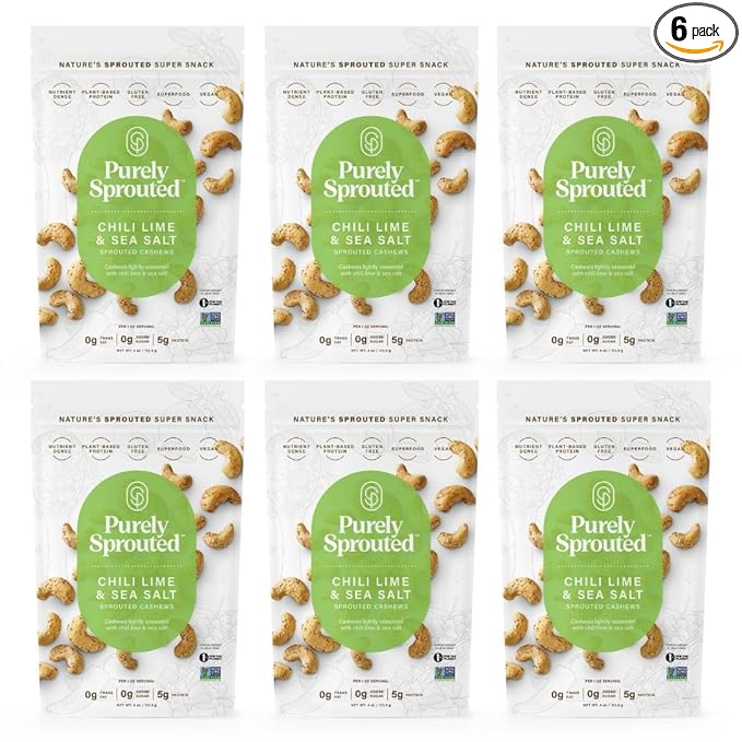 Purely Sprouted Cashews Chili Lime Sea Salt, Non-GMO Superfood for Healthy, Certified USDA Organic, Gluten-Free Snacking (4 oz, 6 pack)