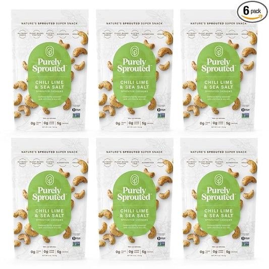 Purely Sprouted Cashews Chili Lime Sea Salt, Non-GMO Superfood for Healthy, Certified USDA Organic, Gluten-Free Snacking (4 oz, 6 pack)
