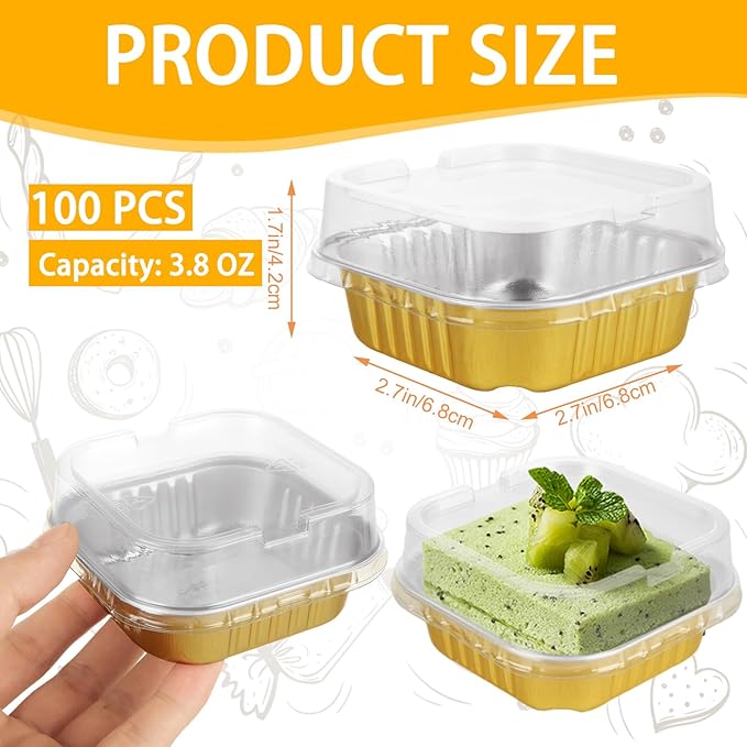 100 PCS Mini Cake Pans With Lids Mini Square Cake Pans with Lids Aluminum Foil Square Baking Cups Brownie Baking Cups Disposable Ramekins Cupcake Cups for Wedding Birthday Party, Gold