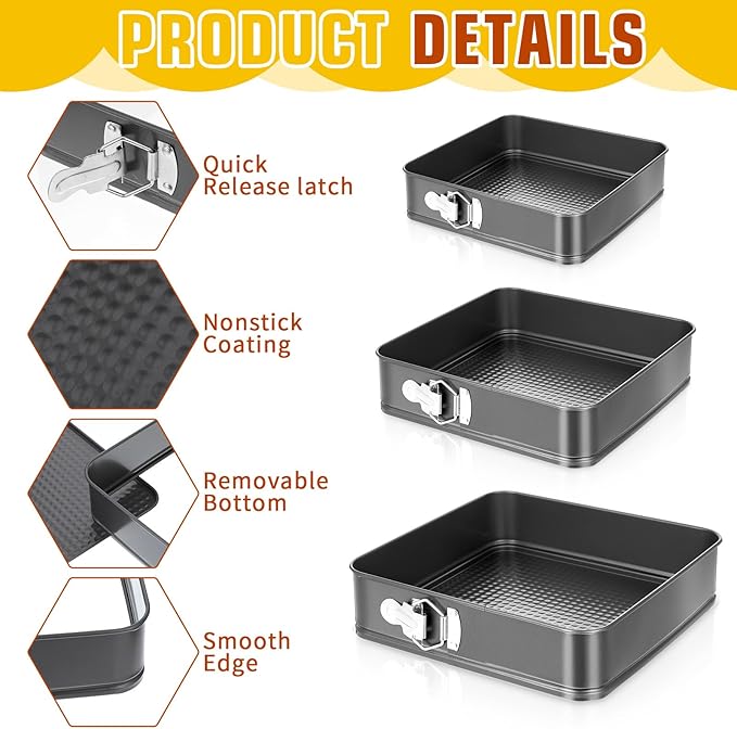 Springform Pan Set, 3-Piece Square Springform Cake Pans (9.45/10.2/11 Inch) - Nonstick Spring Pans for Baking Cheesecake, Carbon Steel Gray Bakeware