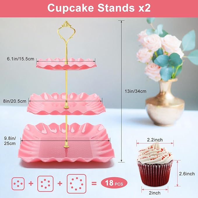 Coitak 8 Pieces Cupcake Stand Set, 2 PCS 3 Tier Cupcake Stands with 3 PCS Appetizer Trays, 3 PCS Serving Tongs, Dessert Tower Tray for Tea Party (Pink)