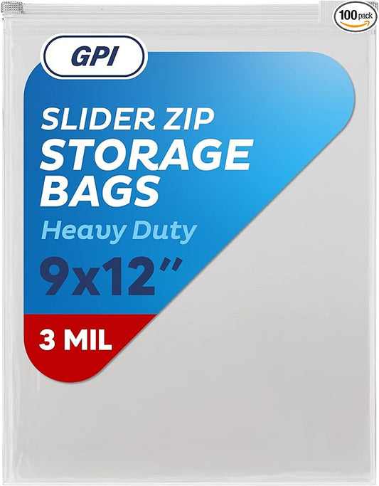 100 Count - Slider Zip Food Storage Bags, 9" x 12" 3 Mil Heavy Duty, Strong & Durable For Freezer Storage. GPI