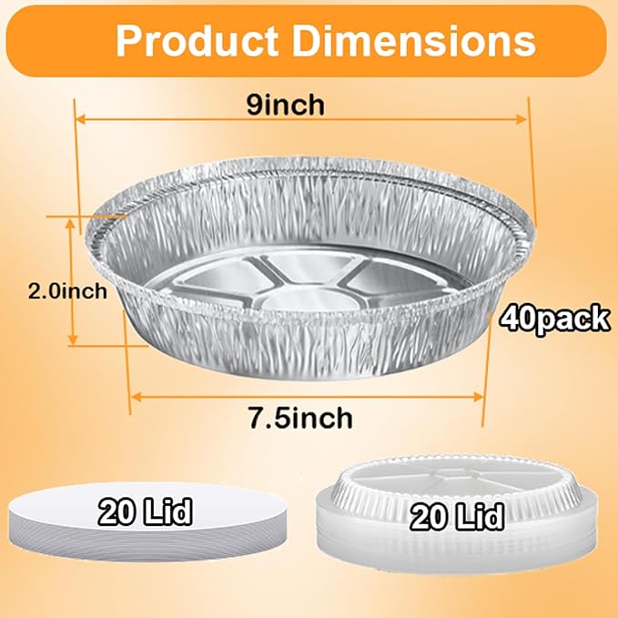 BIBRADAA® 40 Pack 9” Round Disposable Aluminum Pans with Lids,Aluminum Foil Pans,Plus300pcswith Baking Parchment,Air Fryer Paper Liners,hamburger patty paper，Basting Brushes. (40 Pack rd w/Lids)