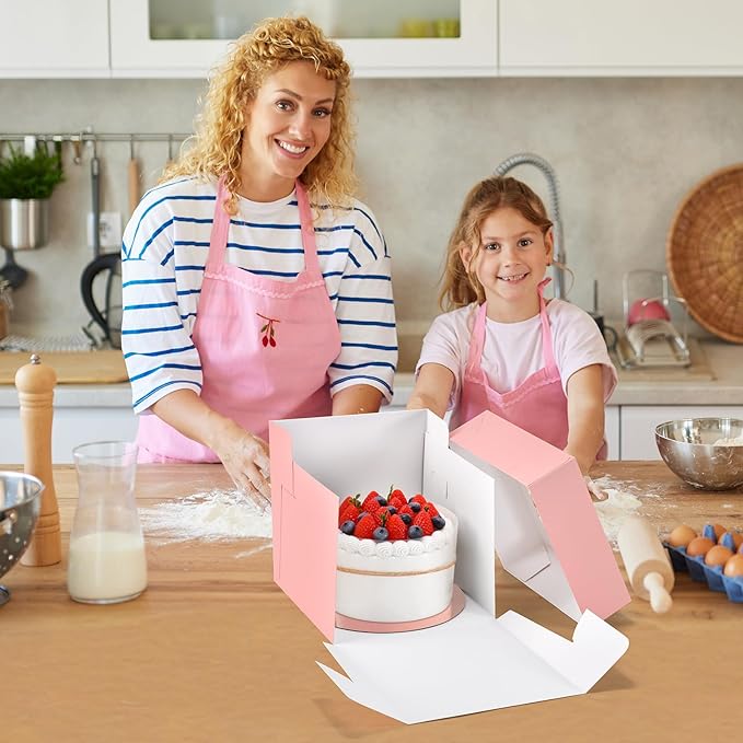 24Pcs 8x8x8 Inch Cake Boxes, 12pcs Pink Bakery Boxes with Window (12pcs Cake Boards), Square Cake Carrier Container Disposable Pie Boxes Package for Bake Decorating Supplies