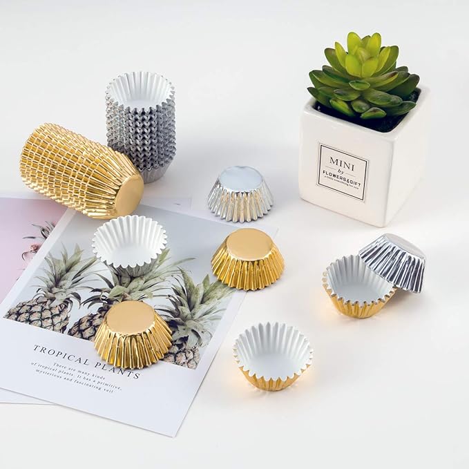1000 PCS Cupcake Liners 1.25 inches Mini Foil Baking Cups Wrapper Muffin Cases Gold and Silver Tulip Paper Cups for Baby Shower, Birthday Party, Weddings Decorations (Silver,Gold)