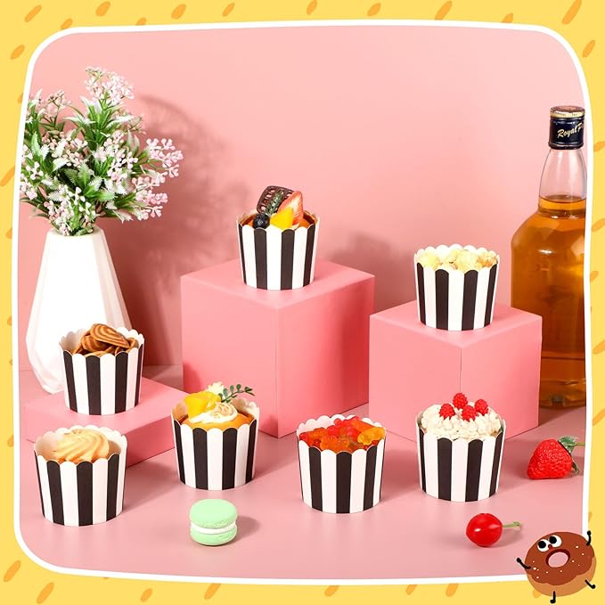300 Pcs Cupcake Liners Baking Paper Cup Muffin Liners Stripes Cupcake Wrappers 2.3 Inch Muffin Baking Cups for Carnival Halloween Birthday Party Supplies(Black and White)