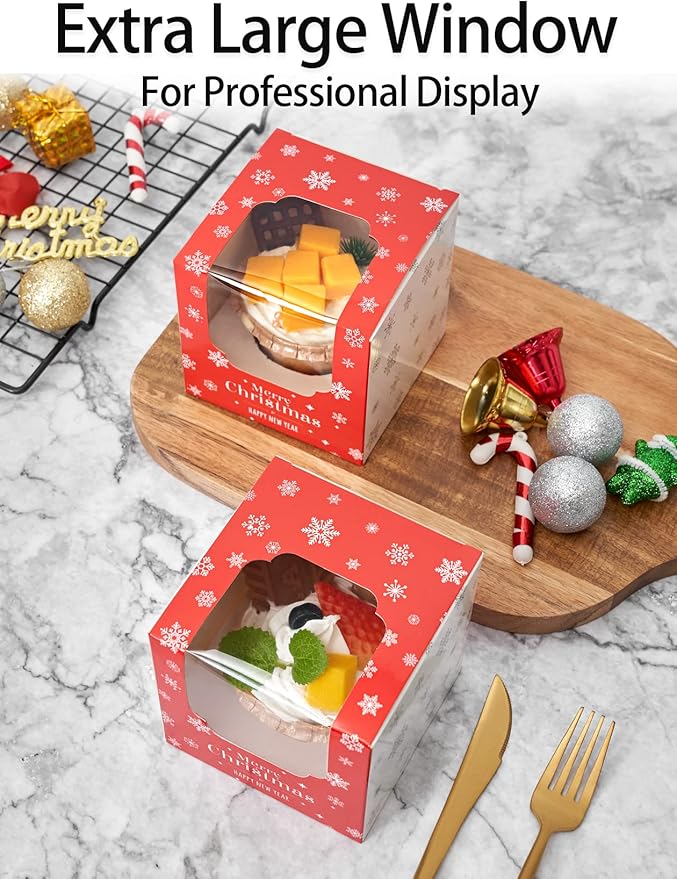 Happyhiram Christmas Cupcake Boxes 200 Pcs Bulk, Individual Cupcake Box Red and White with Nnsert and Window for New Year and Holiday for Ornament Gift Boxes Cocoa Bombs Packaging for Party Favors