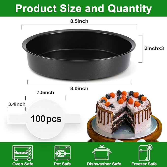 8 Inch Cake Pan, Premium Round Cake Pans Set of 3, Durable Circle Cake Pan with 100 Pieces Parchment Paper, Non-Toxic & Healthy Deep Cake Baking Pans Tins for Birthday Christmas, Dishwasher Safe