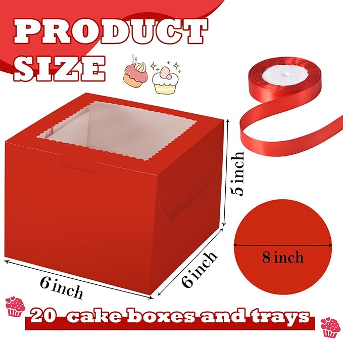KPOSIYA 40pcs 6x6x5 inch Mini Cake Boxes with Cake Boards (20 Boxes & 20 Boards), 6 inch Small Cake Boxes with Lids，Cajas de mini pastel Bakery Boxes with Window for Christmas Thanksgiving